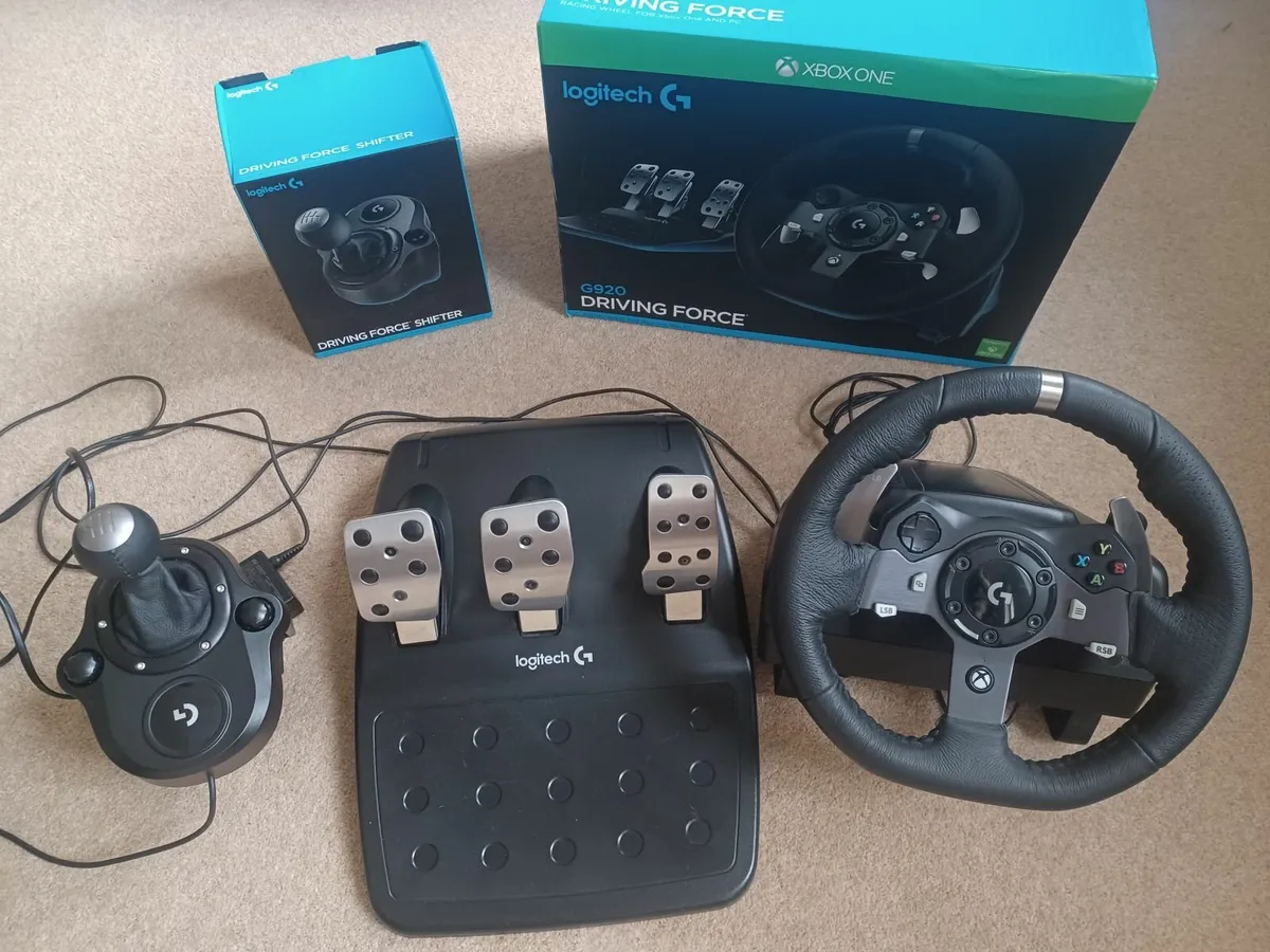 Logitech G920 D Force steering wheel, pedals, gear - Image 1