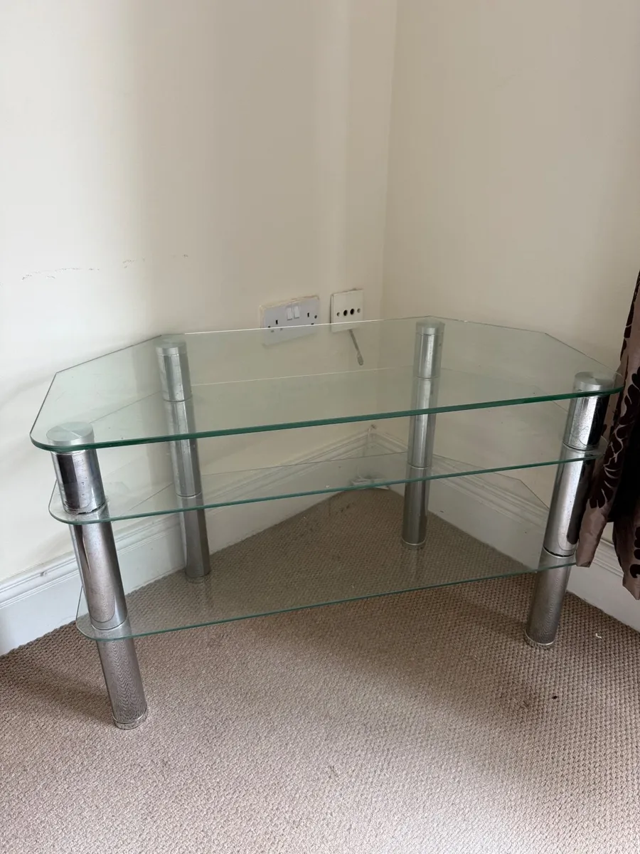 Corner Glass TV Stand – 3-Tier with Chrome Legs