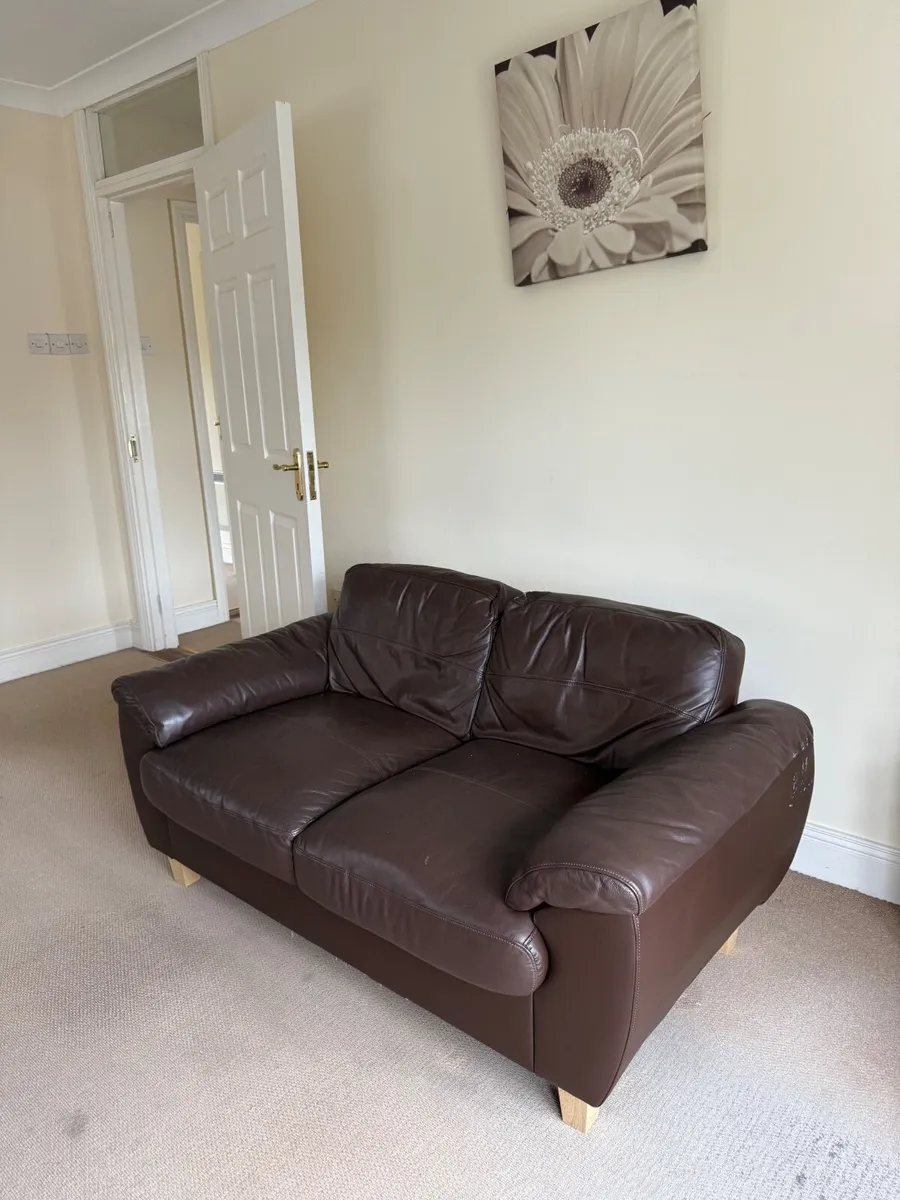 2 Brown Leather Sofas – Comfy & Stylish - Image 1