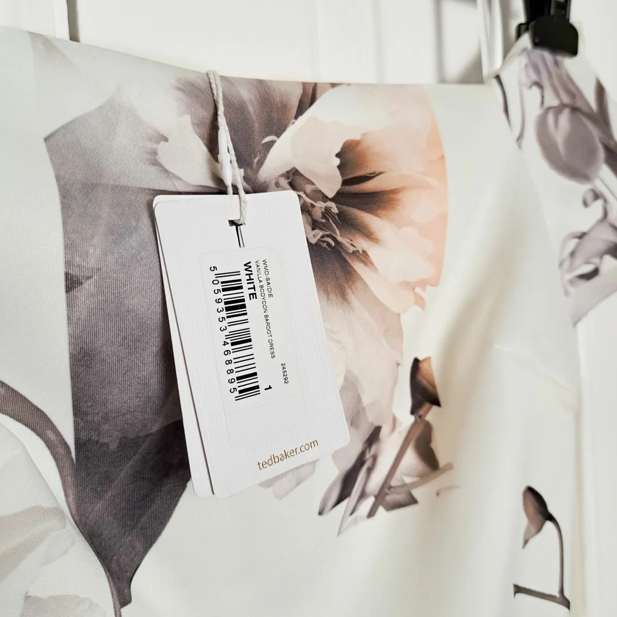 Ted Baker White Floral Bodycon Bardot Dress L - Image 4