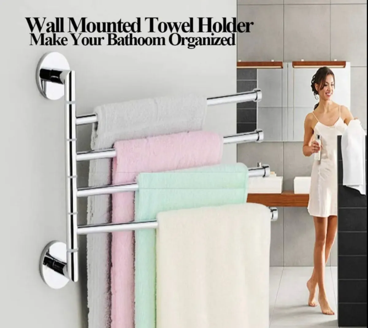 NEW 4 Tier Swivel Towel Rail Chrome Wall Mounted - Image 1