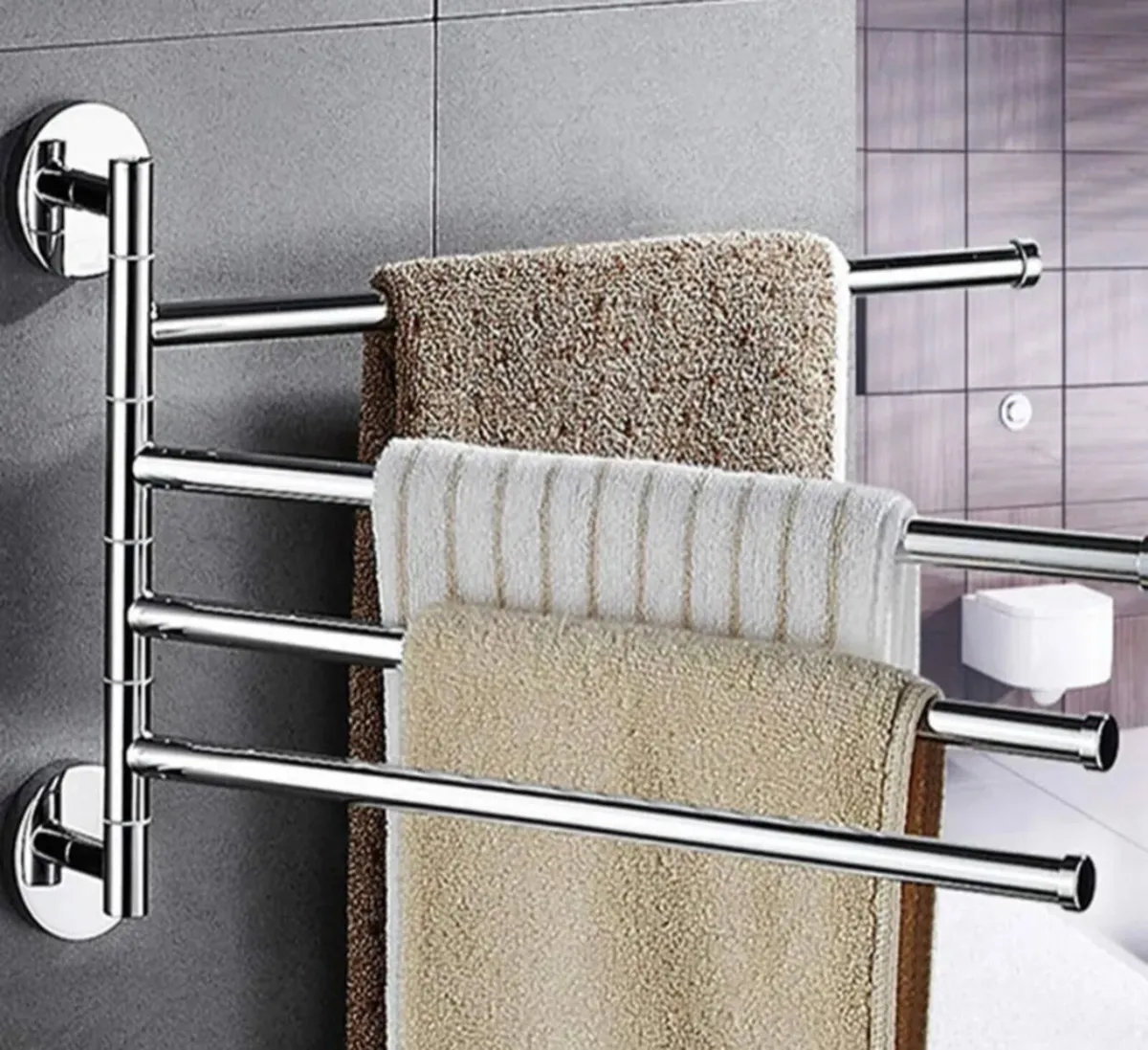 NEW 4 Tier Swivel Towel Rail Chrome Wall Mounted - Image 2