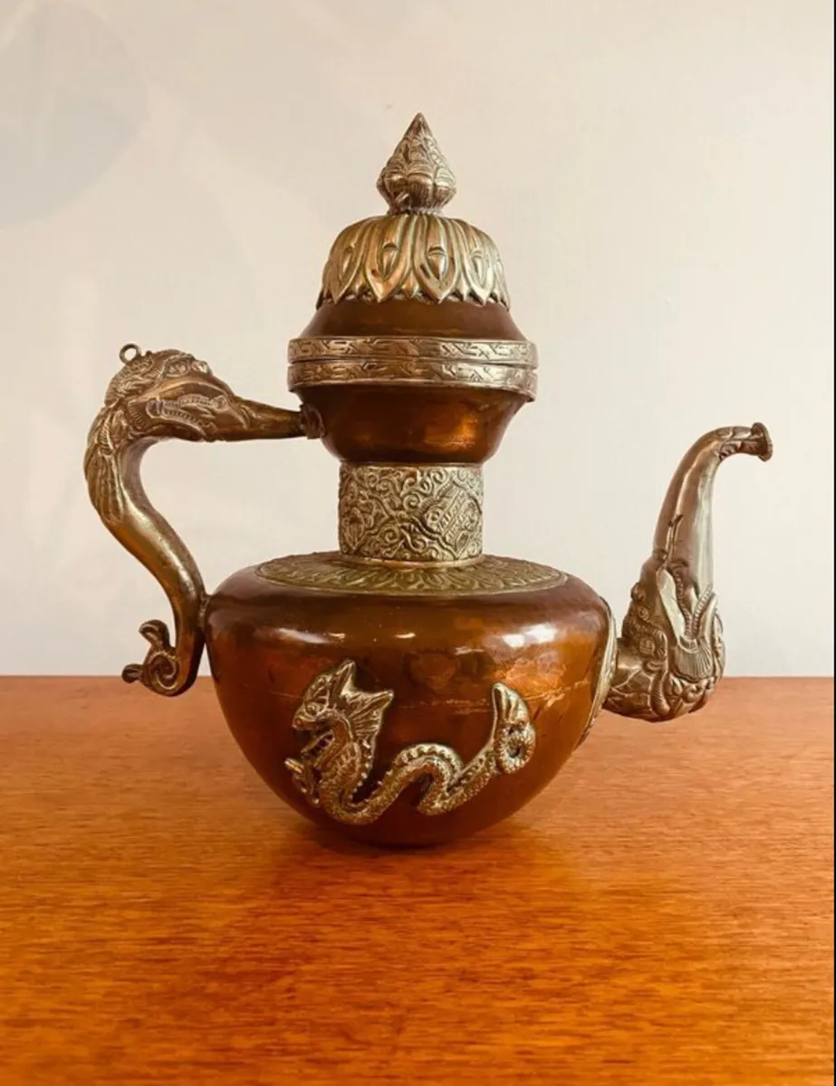 Vintage Asian Copper and Tin Tea Pot - Image 1