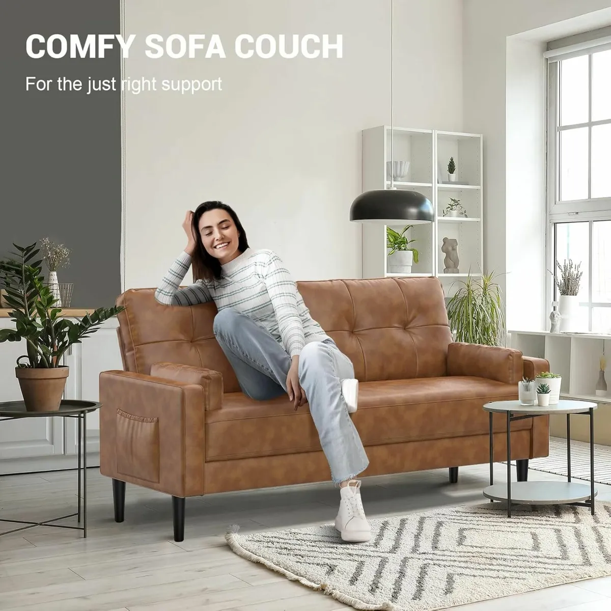2 Seater Sofa Modern Couch Office Cushions Brown - Image 3