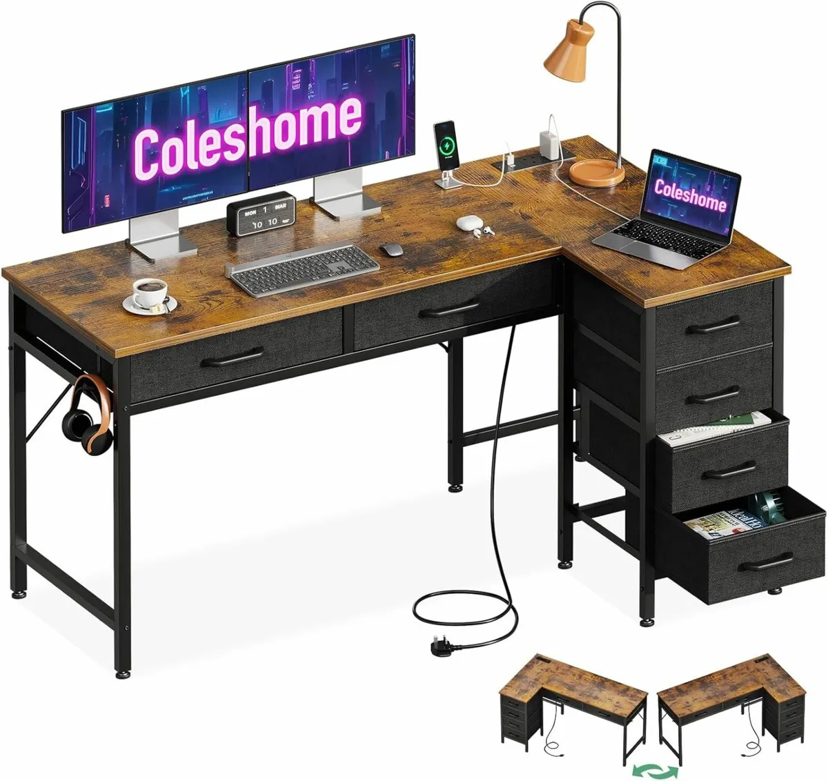 L Shaped Computer Desk Drawers Brown 126×80cm - Image 2
