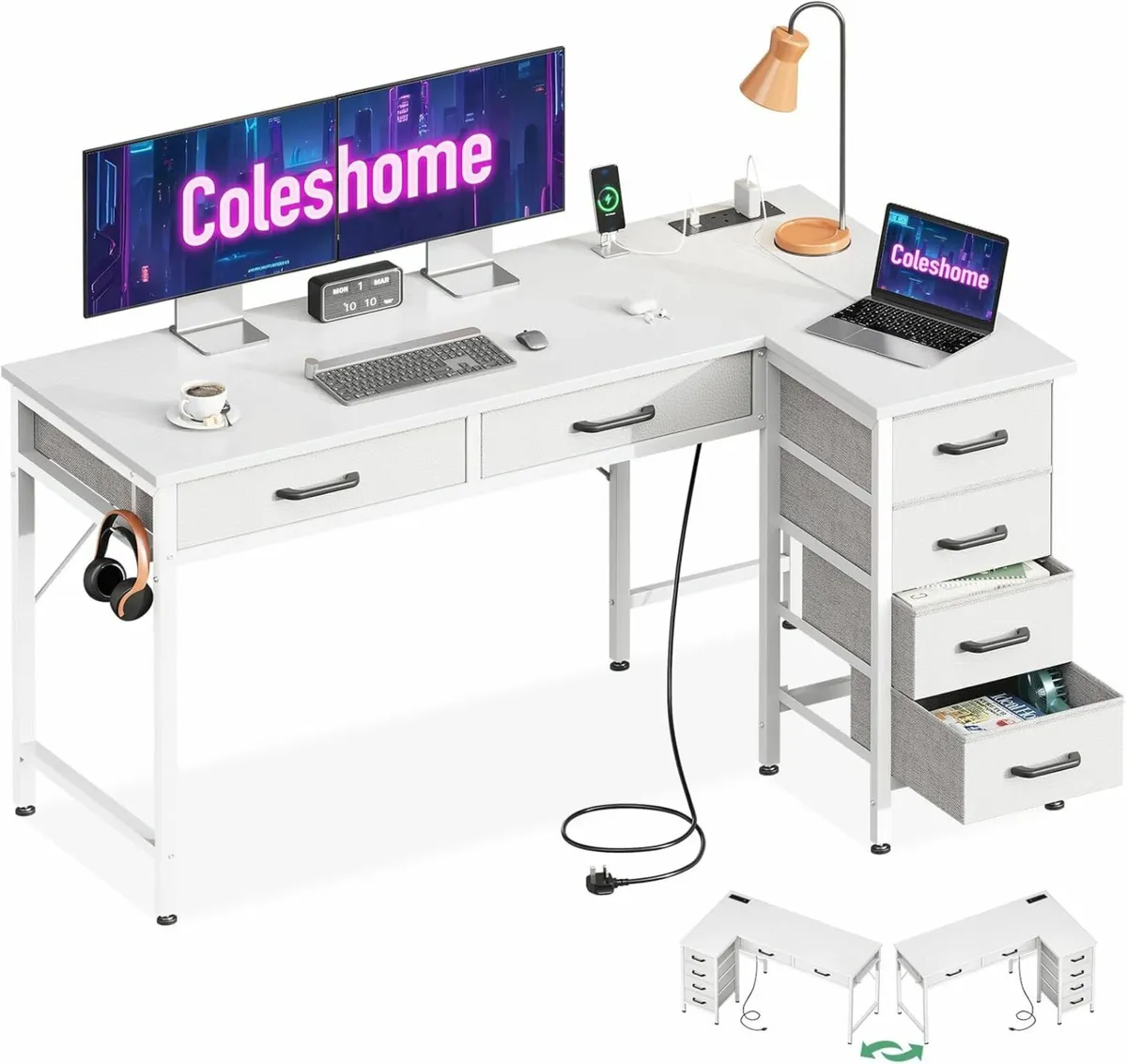 126×80 cm L Shaped Computer Desk Drawers White - Image 2