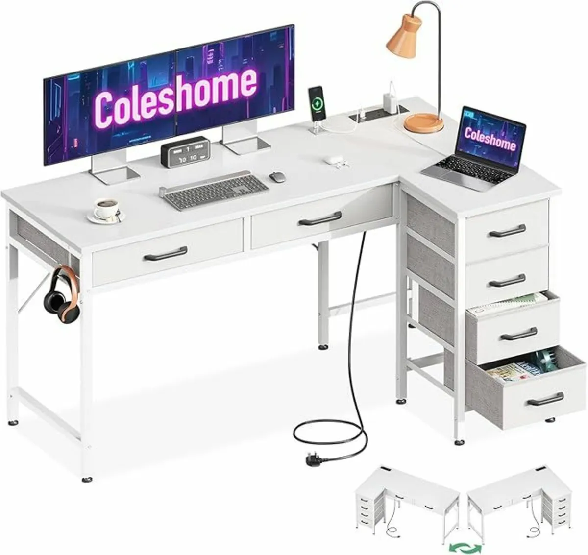 L Shaped Desk Office 126×80 Drawers Computer White - Image 1