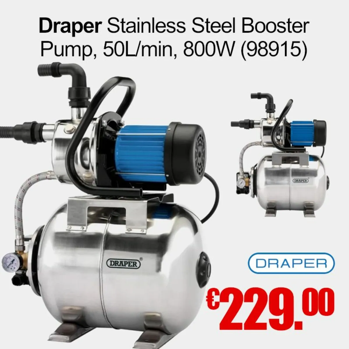 Draper Stainless Steel Booster Pump, 50L/min, 800W - Image 1