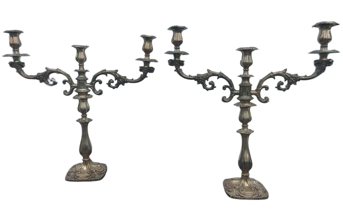 📍PAIR of antique silver plated 3 arm candelabra - Image 2