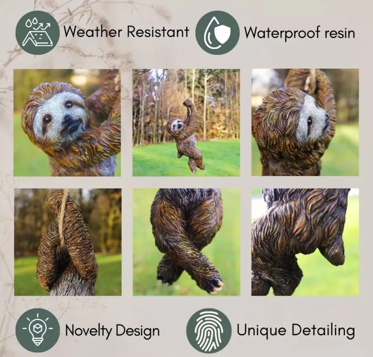 Hanging Sloth On Rope Garden Ornament NEW - Image 1