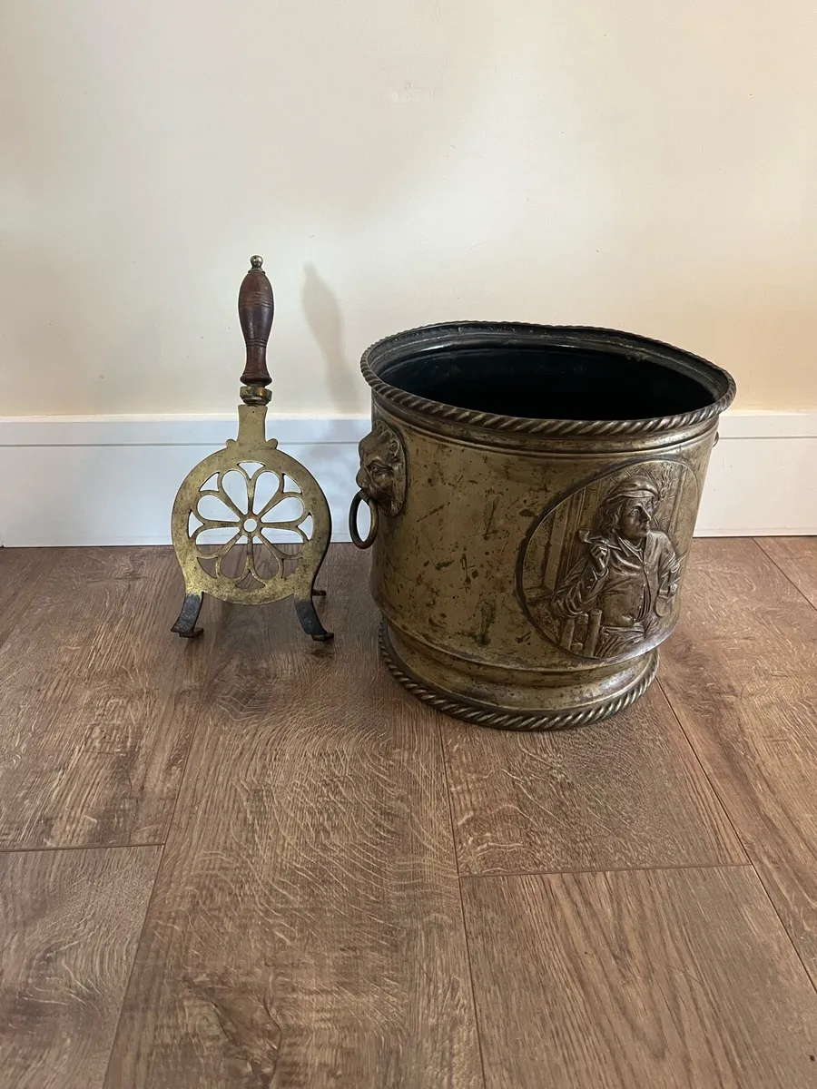 Vintage Brass Coal Bucket and Fire Trivet - Image 1