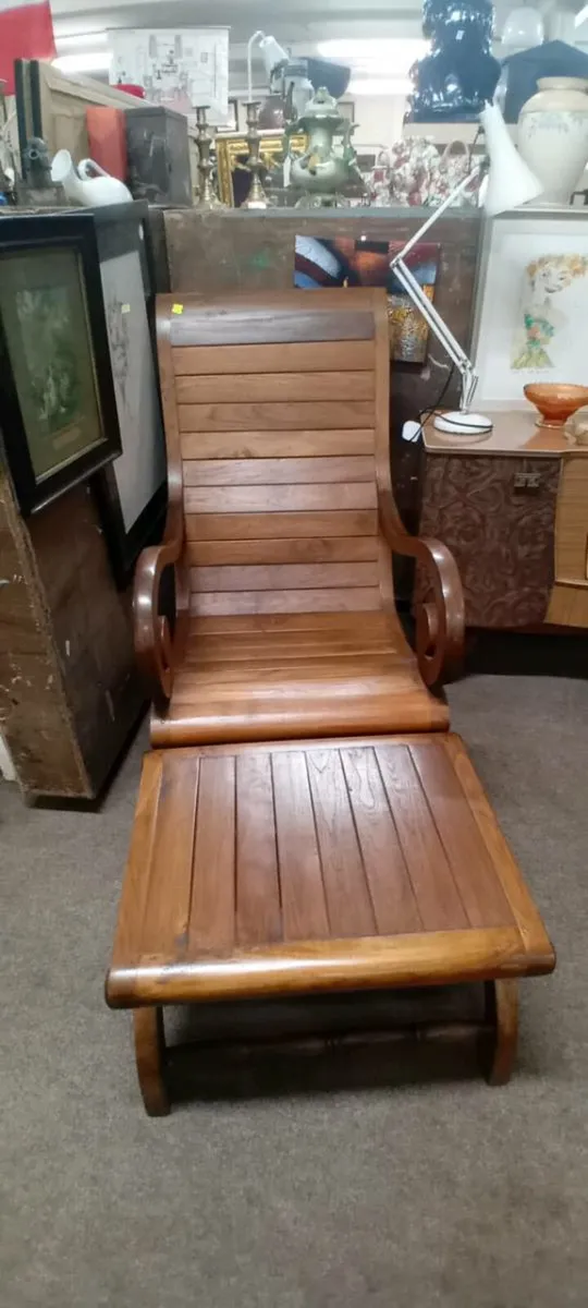 Oversized Hardwood Deck Chair And Stool - Image 1