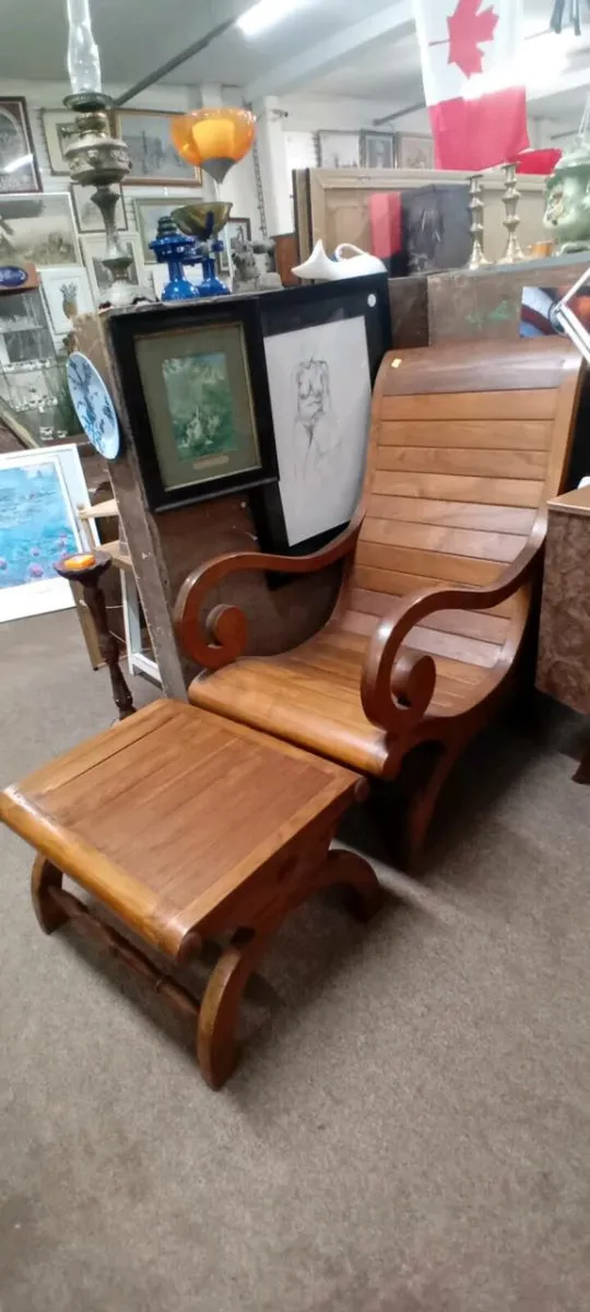 Oversized Hardwood Deck Chair And Stool - Image 2