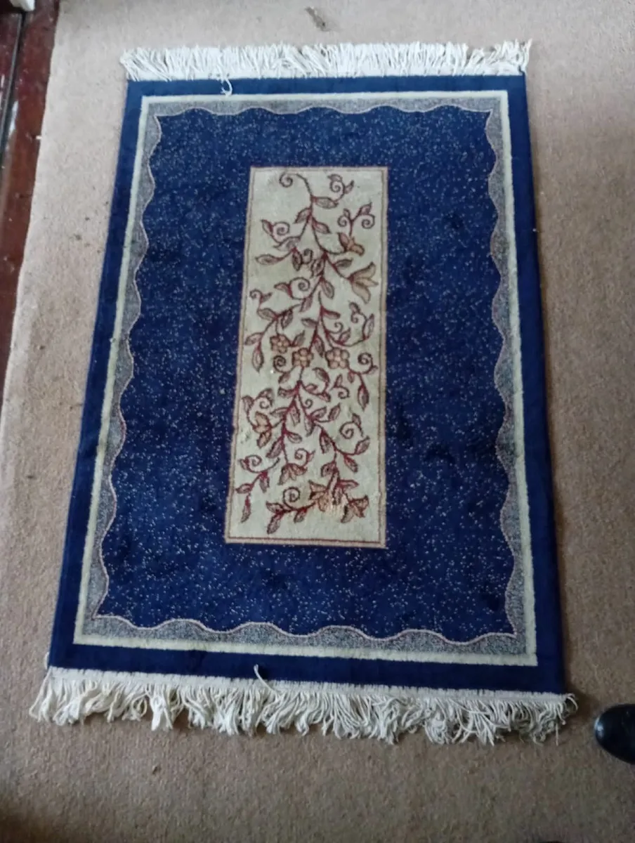 Blue Silk Rug with Fringes