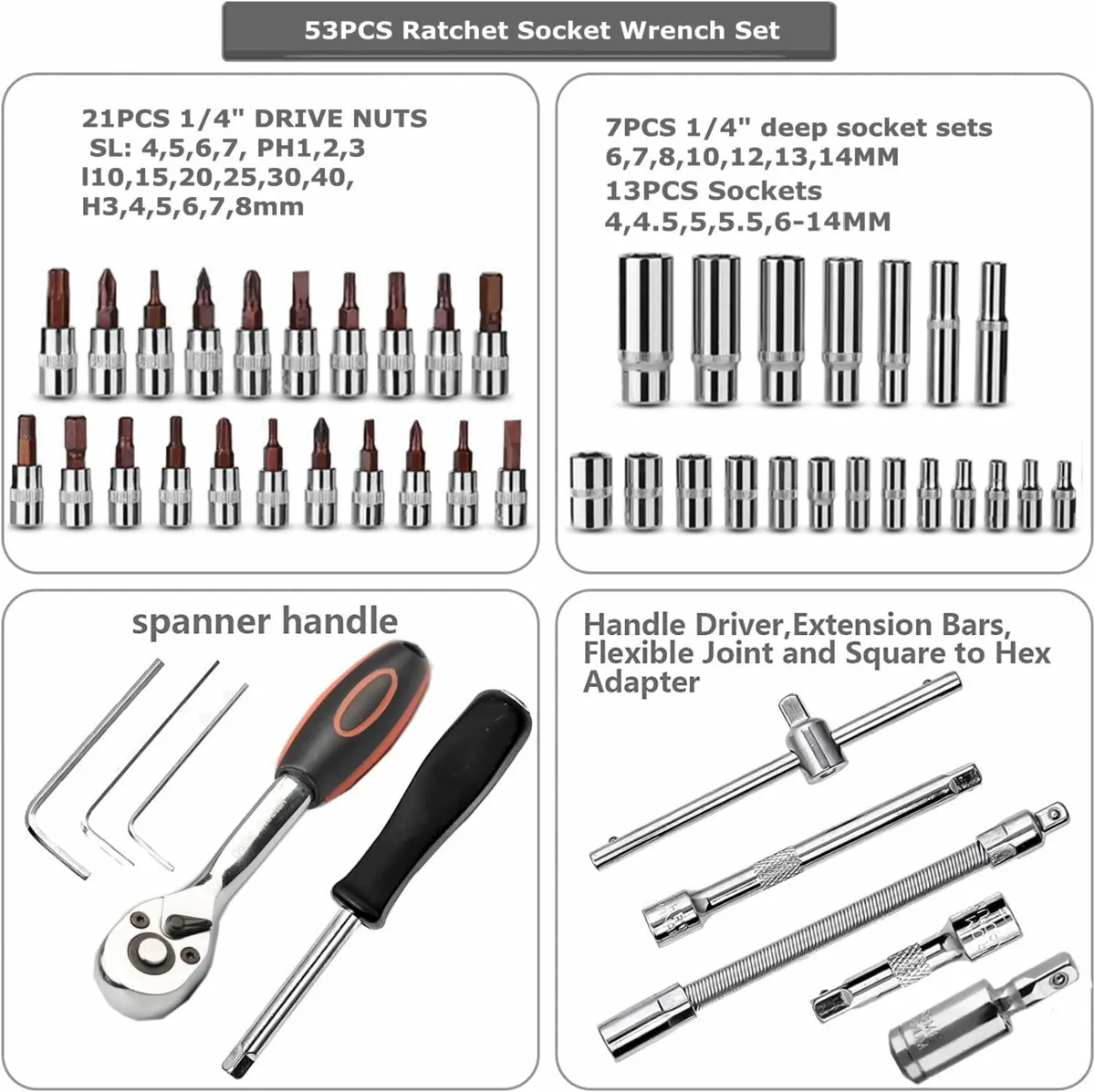 53-Piece 1/4" Socket Set,Driver Bits Metric Tool S - Image 2
