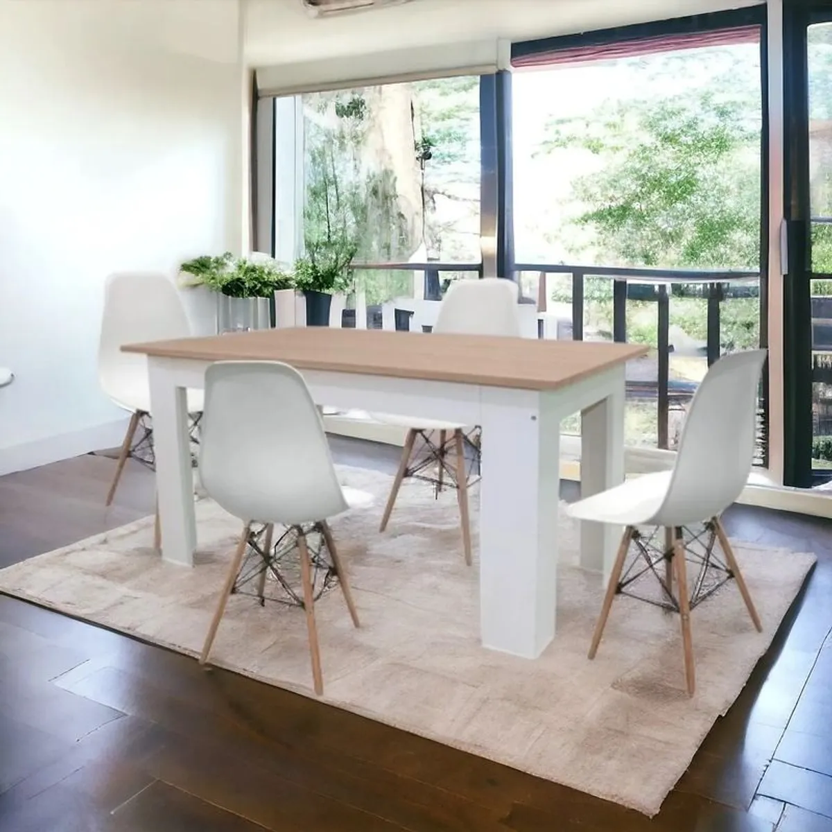 white and oak Style Wooden Dining Table with 4 Chairs White or Black Chairs - Image 1