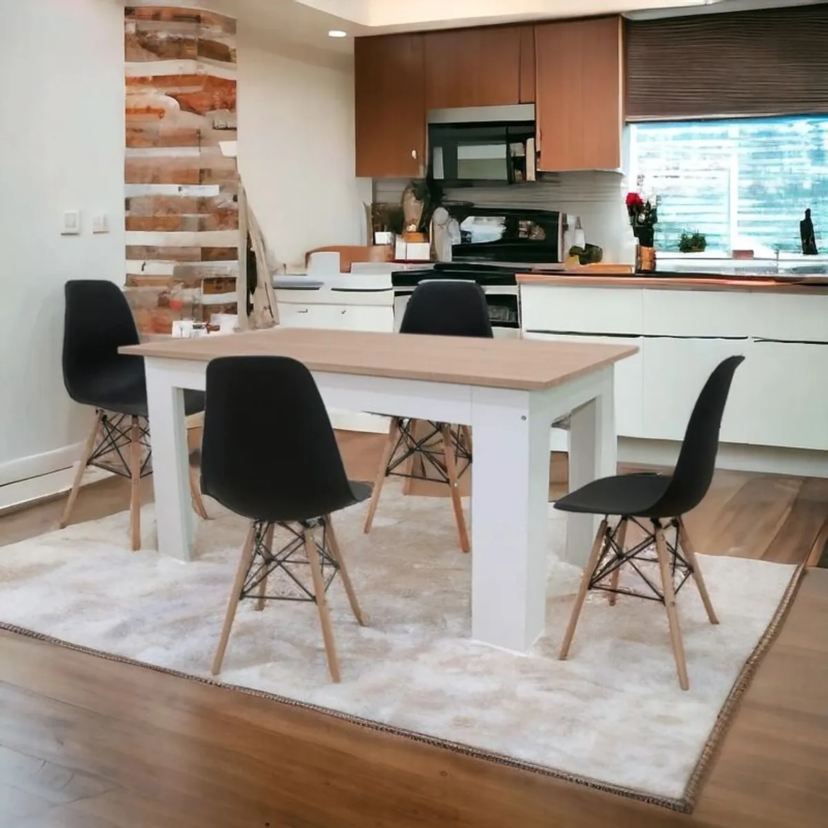 white and oak Style Wooden Dining Table with 4 Chairs White or Black Chairs - Image 4