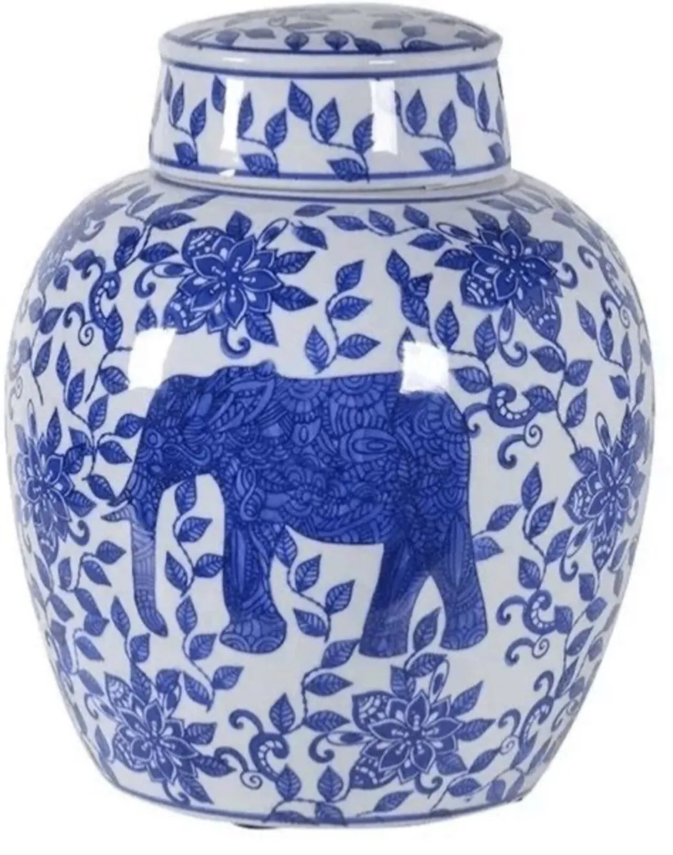 Blue & White Ceramic Elephant Ginger Jar - Image 1