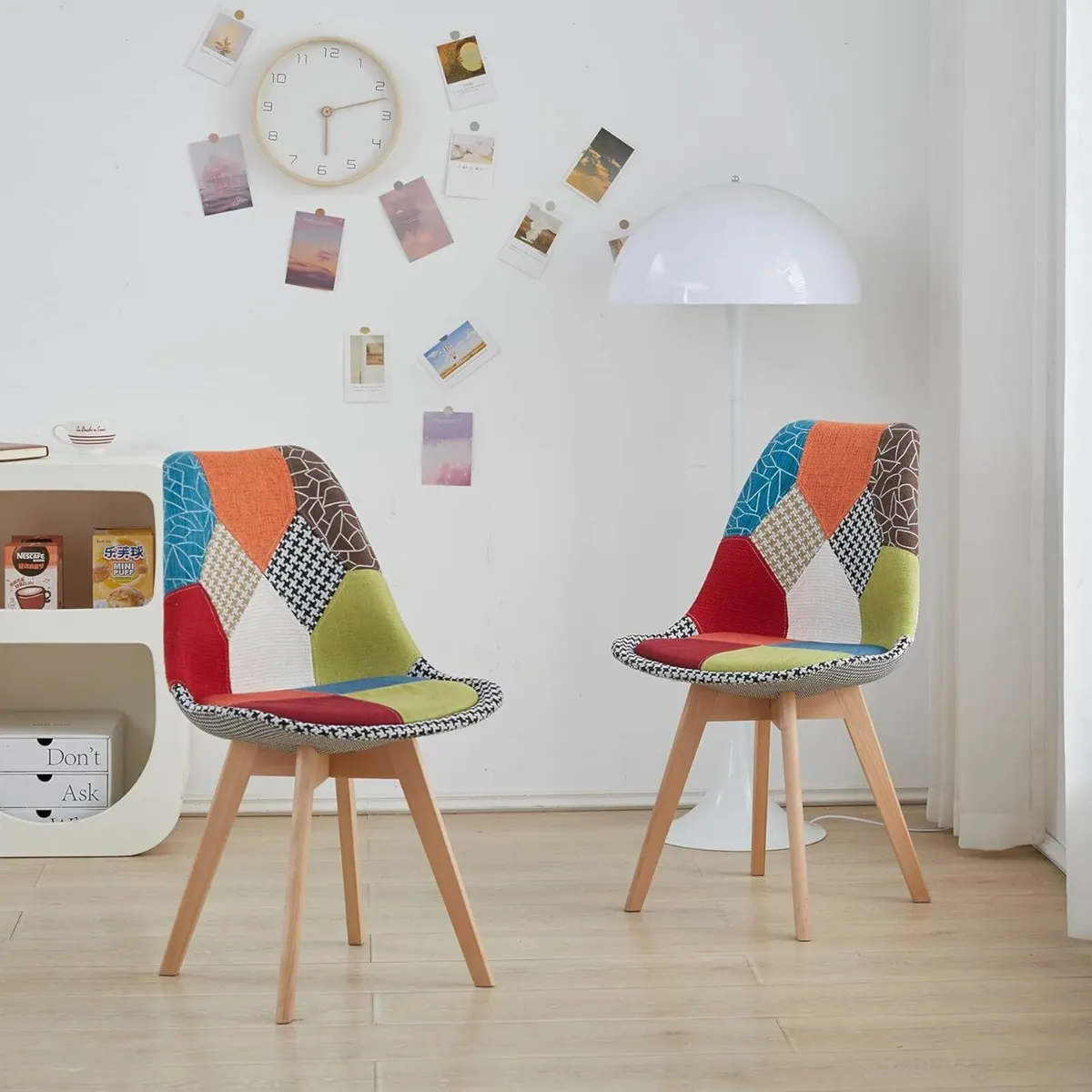 Set of 2 Patchwork Dining Chairs – Beech Wood Legs - Image 1