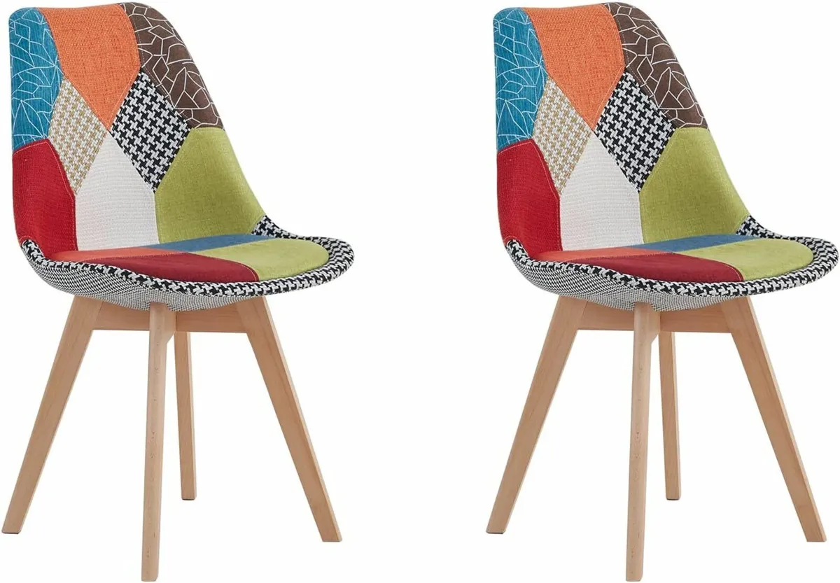Set of 2 Patchwork Dining Chairs – Beech Wood Legs - Image 2