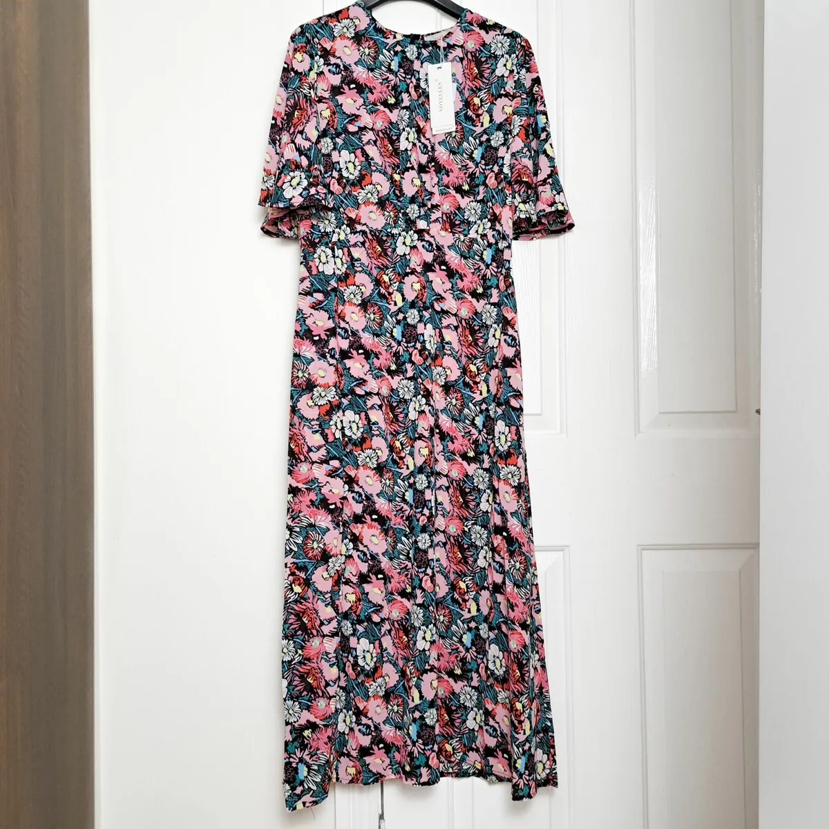 Voyelles Pink Bright Floral Midi Dress Summer M - Image 1