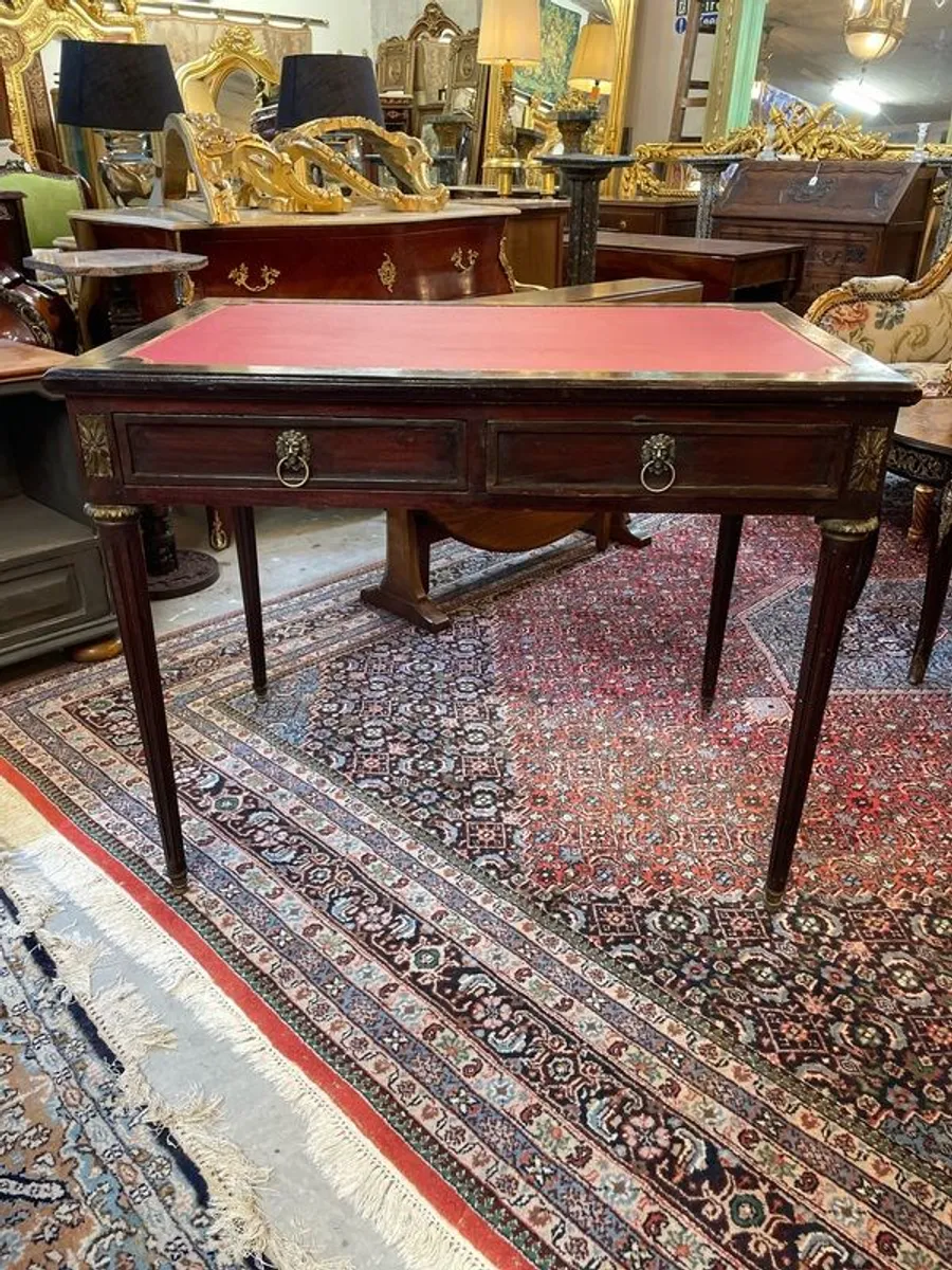Vintage Leather-Top Writing Desk with Brass Details - Image 1