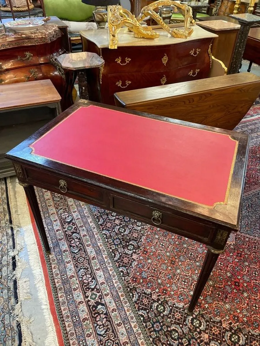 Vintage Leather-Top Writing Desk with Brass Details - Image 3