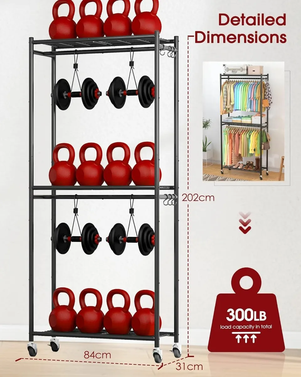Clothes Rail  Rack Shelves Wheels Black Bedroom - Image 3