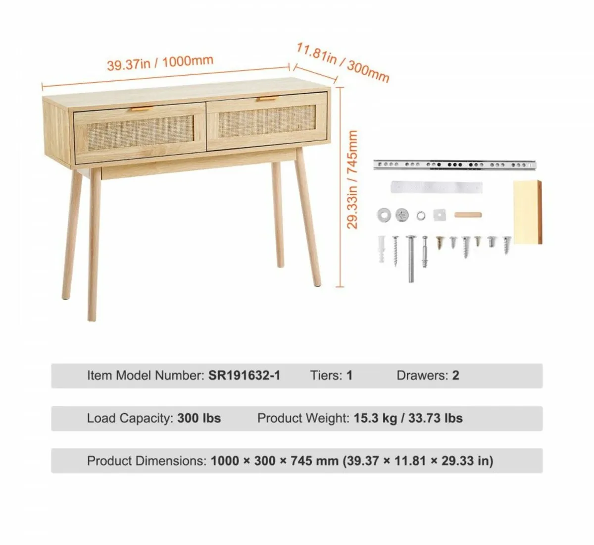 Rattan Console Table with 2 Storage Drawers Rattan - Image 2