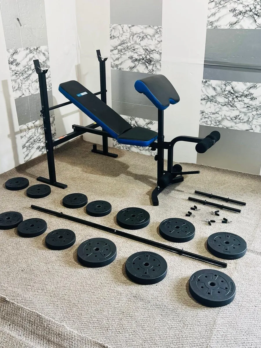 PRO FITNESS ADJUSTABLE BENCH 50KG WEIGHTS BARS - Image 1