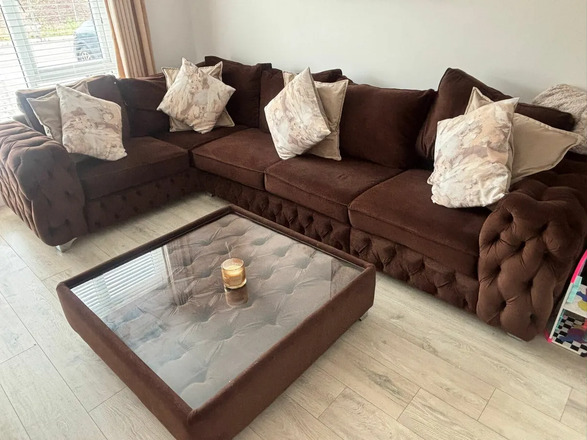 Mocha velvet L shaped sofa including foot stool - Image 1