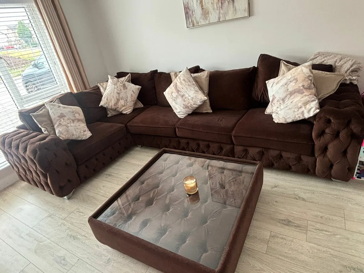 Mocha velvet L shaped sofa including foot stool - Image 2
