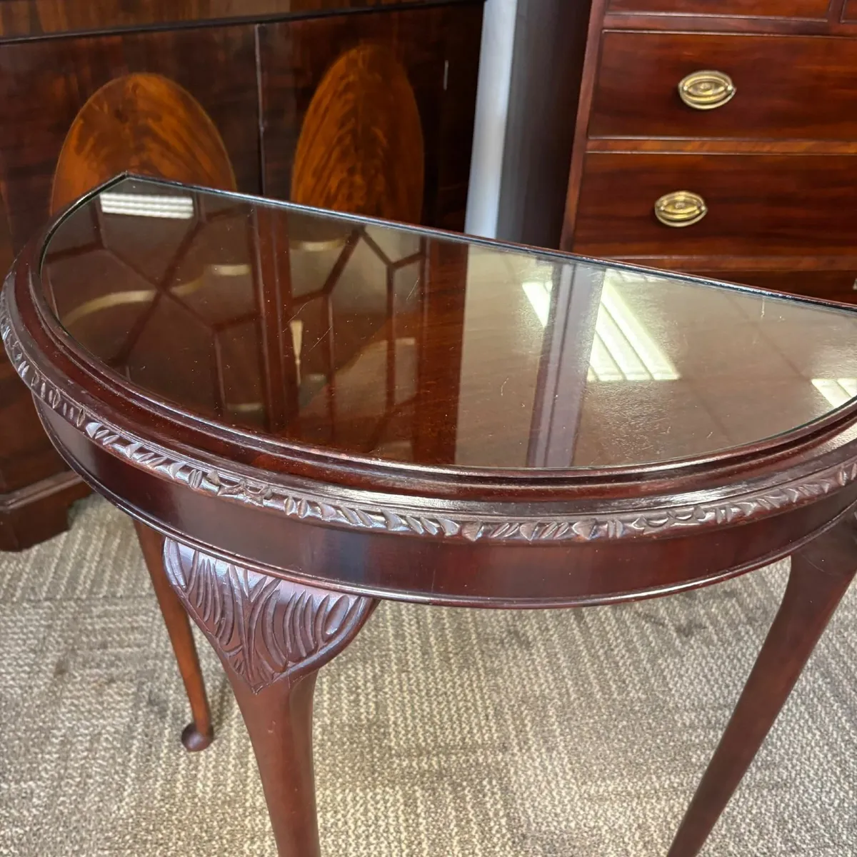Mahogany glass demi lune console table. Good condi - Image 1