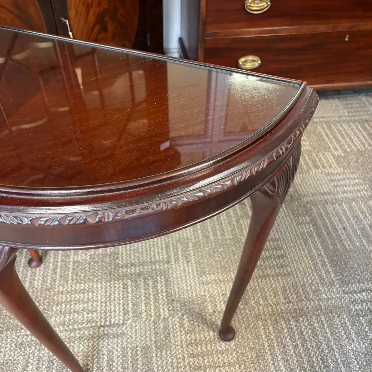 Mahogany glass demi lune console table. Good condi - Image 2