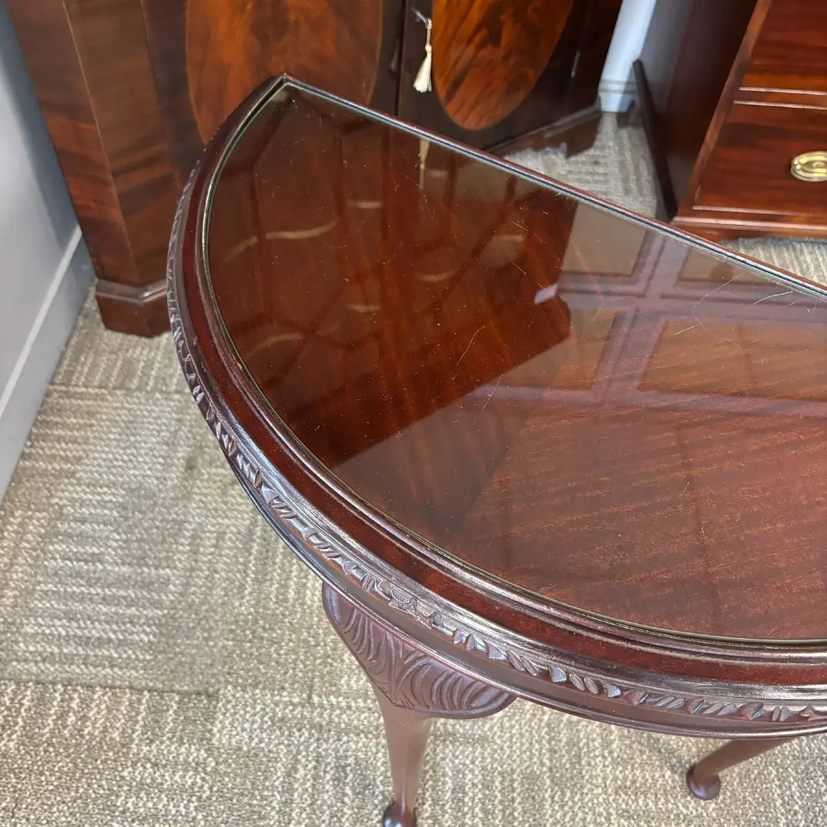 Mahogany glass demi lune console table. Good condi - Image 3