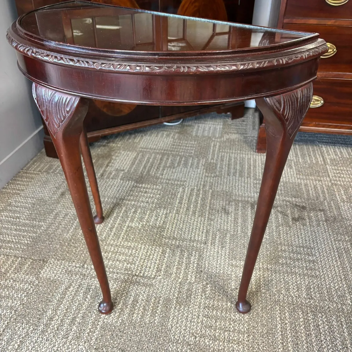Mahogany glass demi lune console table. Good condi - Image 4