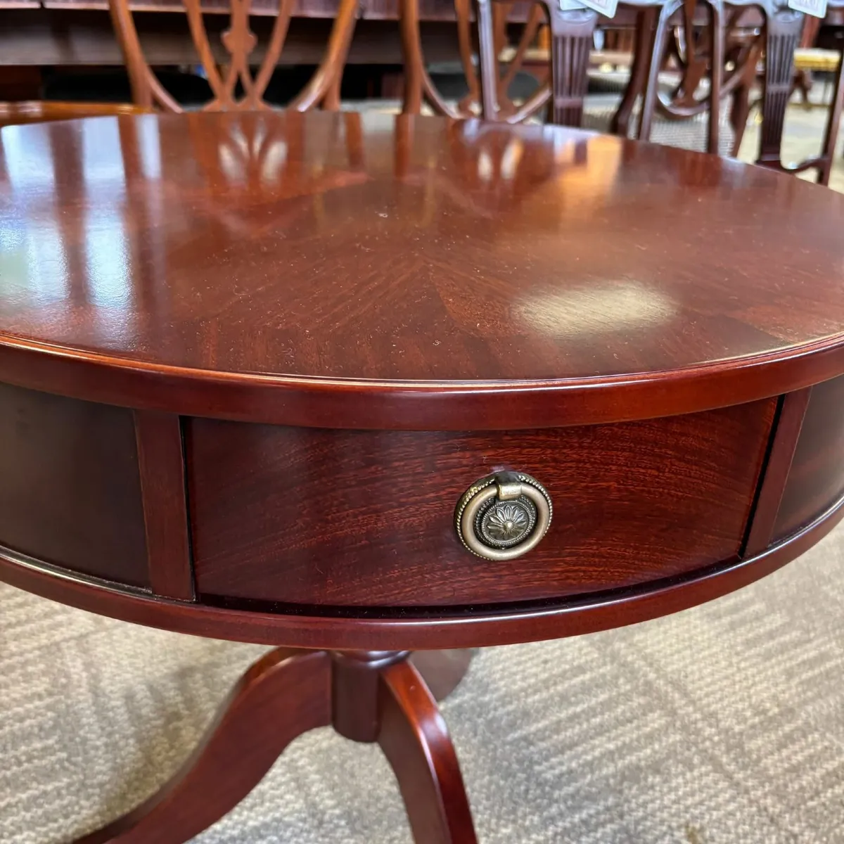 Fabulous round mahogany tripod drum table & two dr - Image 2
