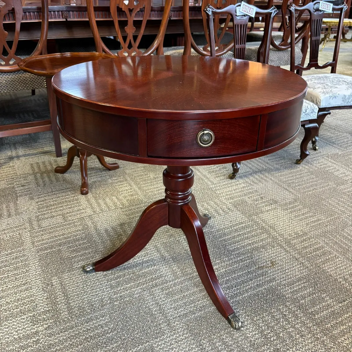 Fabulous round mahogany tripod drum table & two dr - Image 1