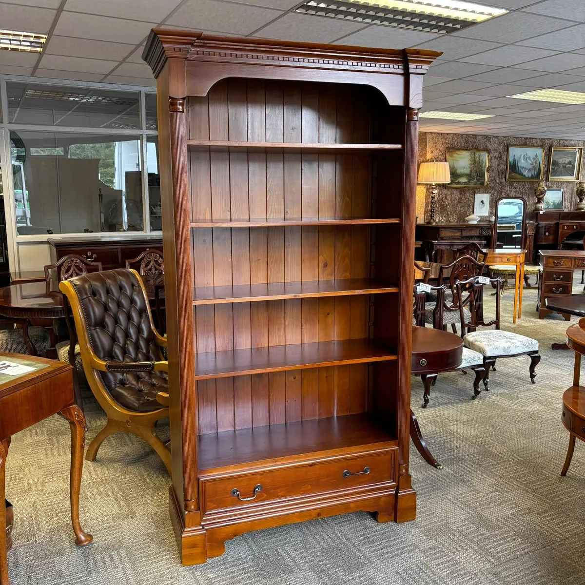 Antique pine open bookcase & drawer. Enclosed with - Image 1