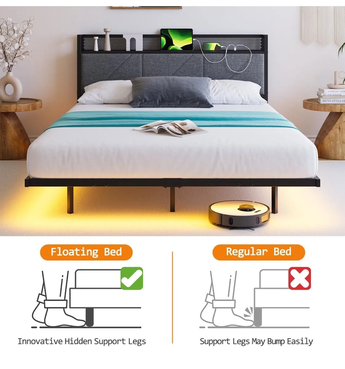 Floating King Bed Frame with LED Lights & USB Char - Image 2