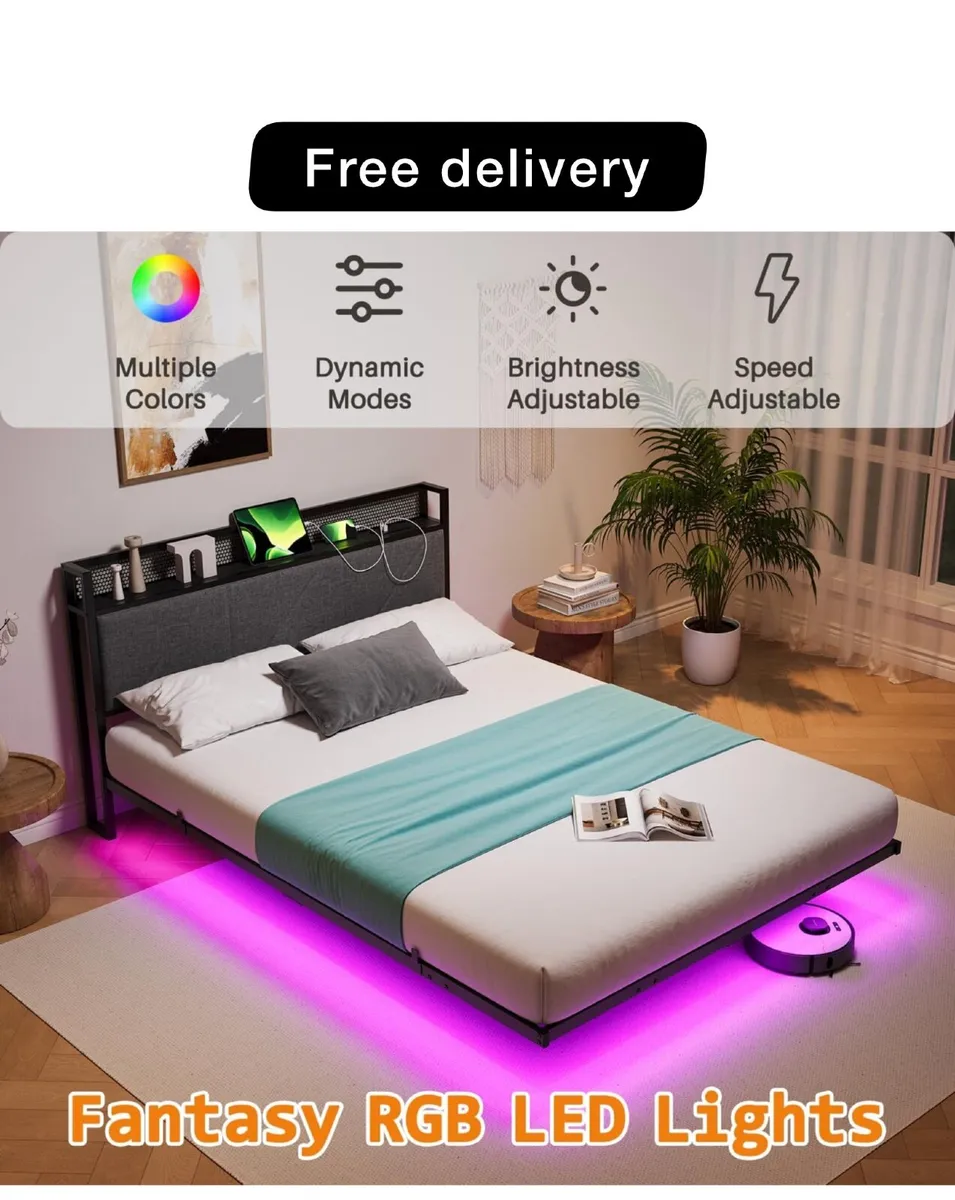 Floating King Bed Frame with LED Lights & USB Char - Image 1
