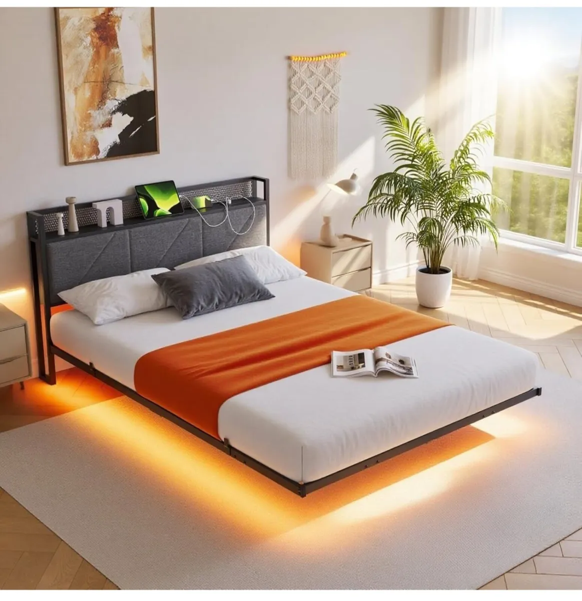 Floating King Bed Frame with LED Lights & USB Char - Image 1