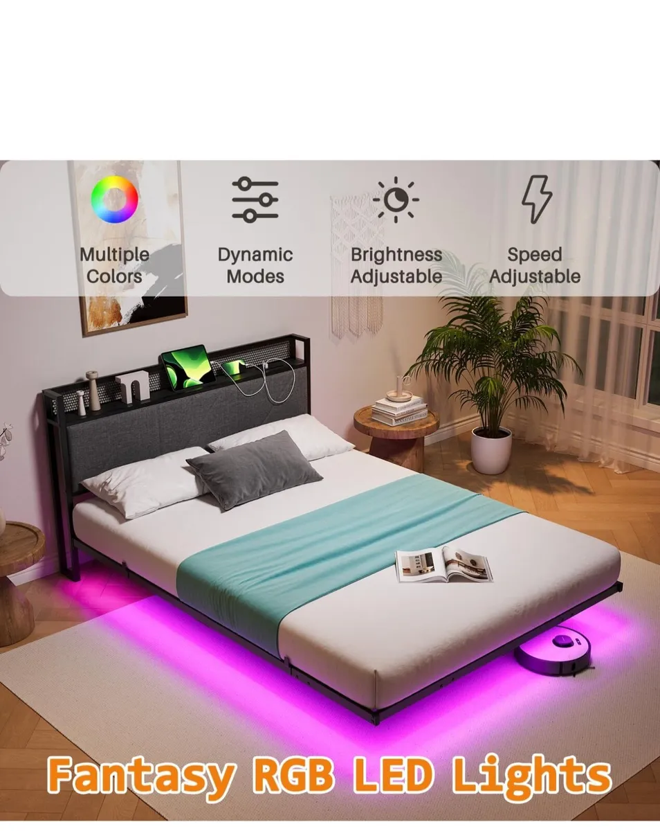 Floating King Bed Frame with LED Lights & USB Char - Image 3