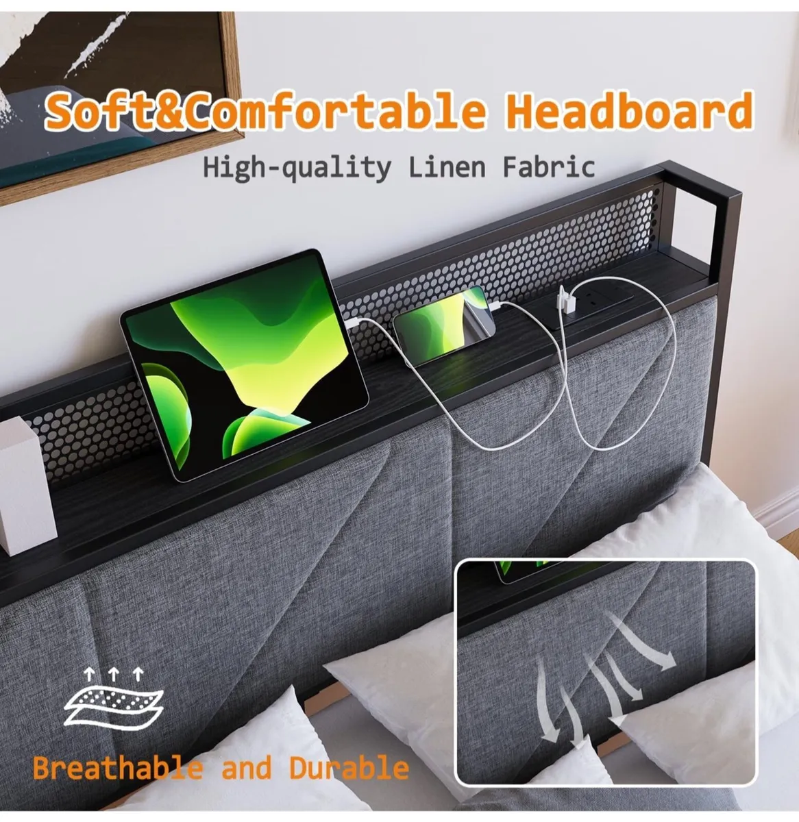 Floating King Bed Frame with LED Lights & USB Char - Image 4