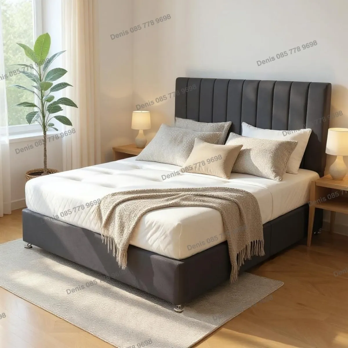 New Grey Divan Base, Headboard & Mattresses - Image 1