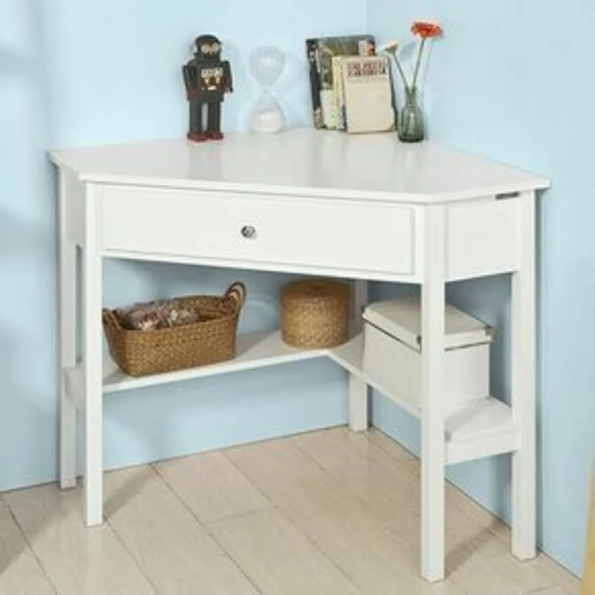 Compact White Corner Desk with Drawer and Shelf – - Image 3