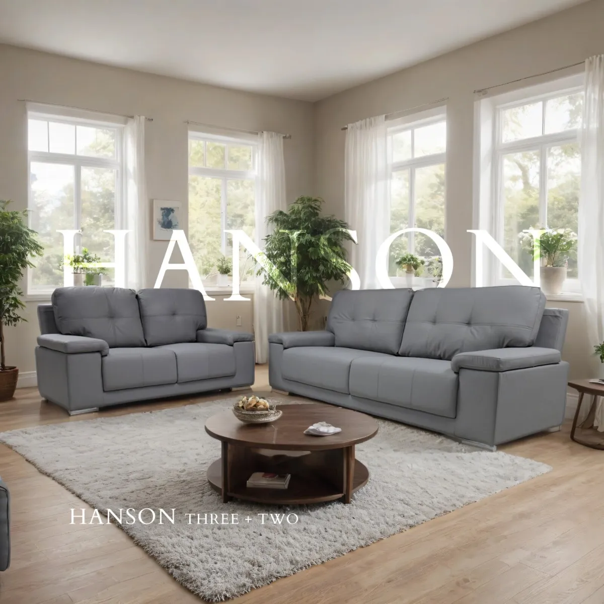 "Hanson 3+2 Light Grey Leather Sofa Set" - Image 1