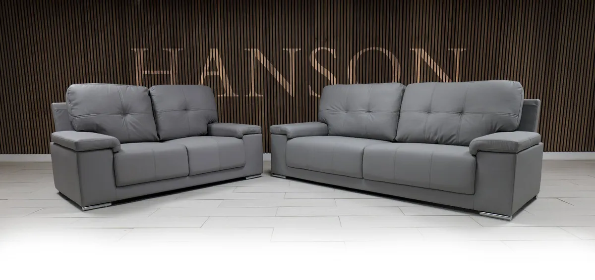 "Hanson 3+2 Light Grey Leather Sofa Set" - Image 2