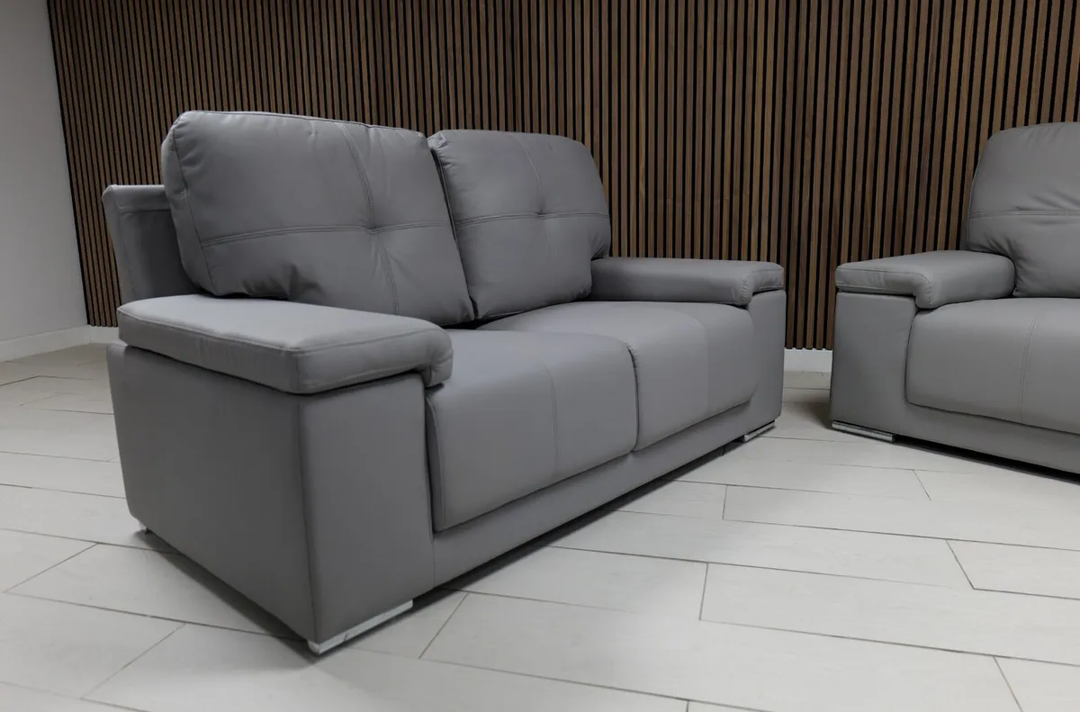 "Hanson 3+2 Light Grey Leather Sofa Set" - Image 3