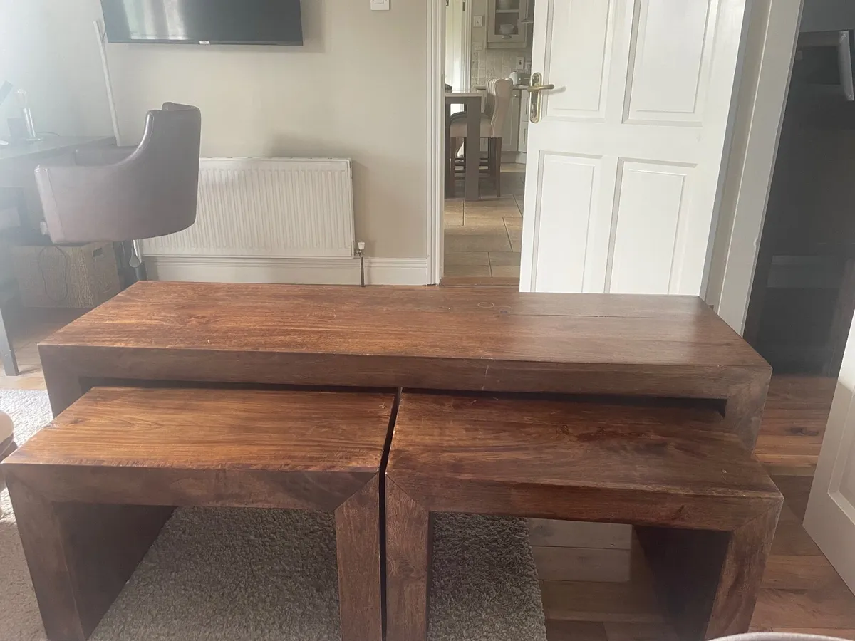 Solid dark wood Bench and 2 side tables - Image 1